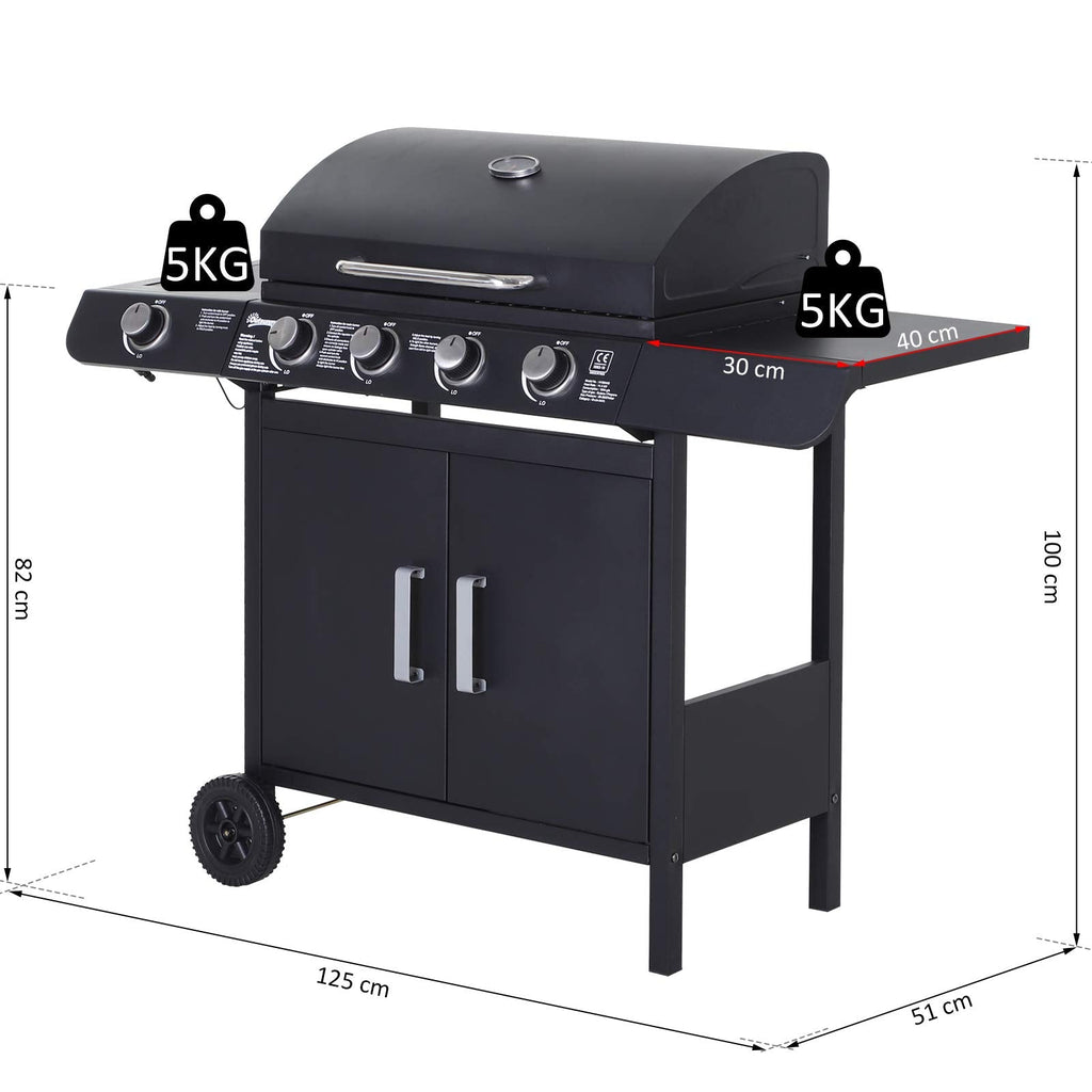 Outsunny Portable 4+1 Gas Burner Grill BBQ Trolley Backyard Garden Smoker Side Burner w/Storage Side Table For Party,Camping And Picnic